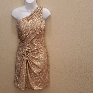 Gold Sequin One Shoulder Mini Dress - L -Prom NYE Bachelorette Hollywood Regency